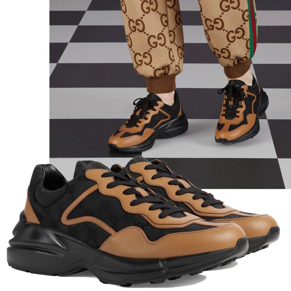 GUCCI SNEAKERS MENS RHYTON BLACK GG SUPREME BROWN LEATHER SHOES sz 8 8.5